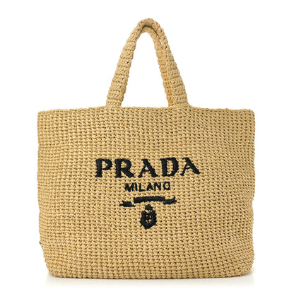 Prada Yarn Raffia Effect Crochet Embroidered Logo Tote Naturale 1 of 10