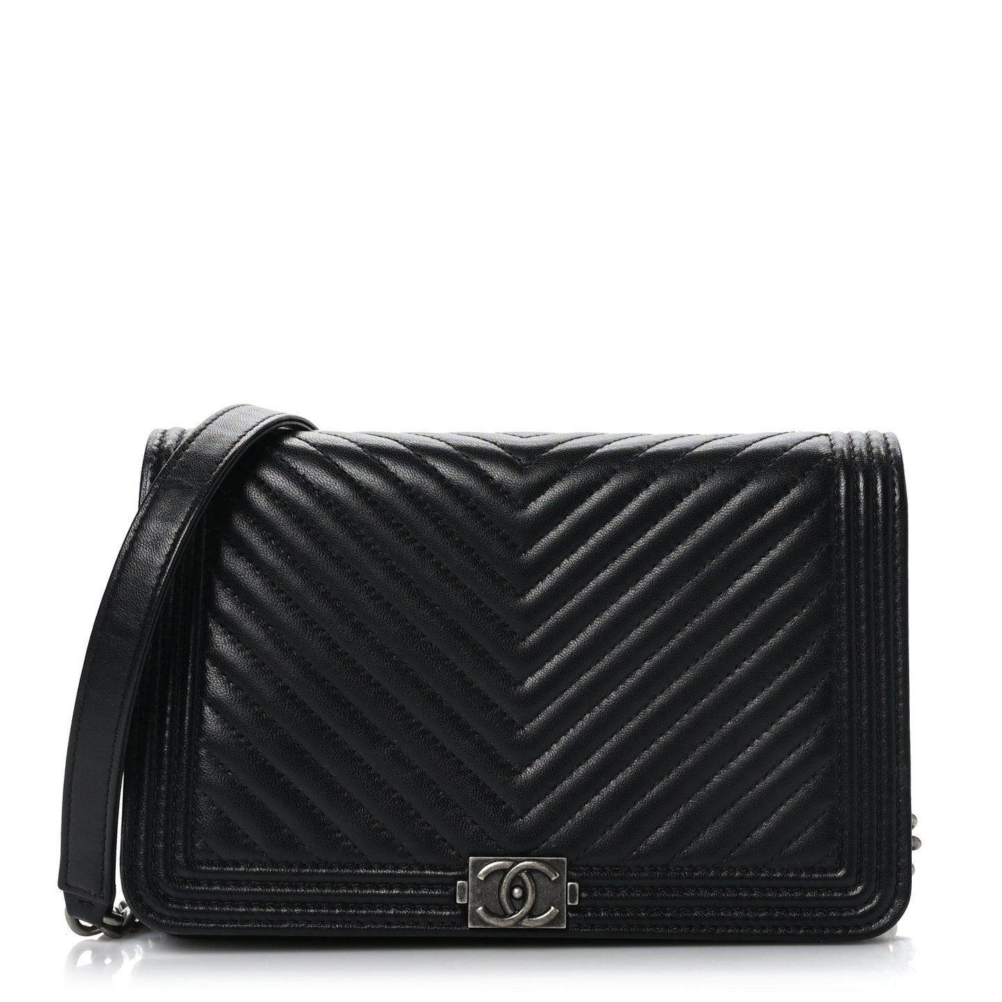 Grained Calfskin Chevron Quilted Boy Wallet On Chain WOC Black
