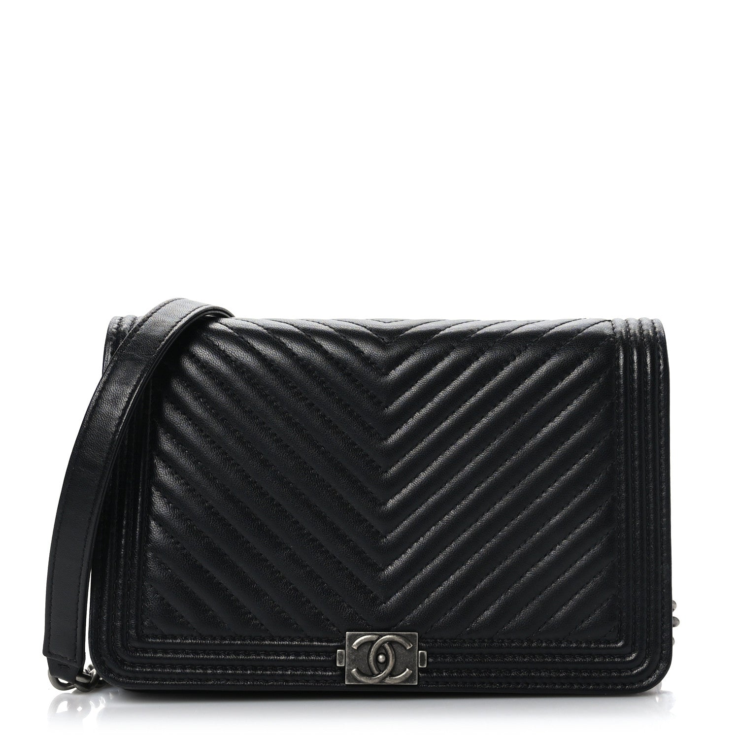 Chanel Grained Calfskin Chevron Quilted Boy Wallet On Chain WOC Black 1 of 10