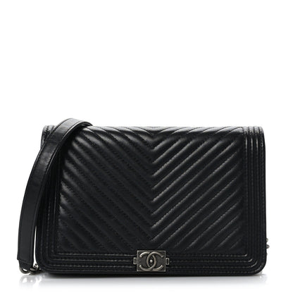 Chanel Grained Calfskin Chevron Quilted Boy Wallet On Chain WOC Black 1 of 10
