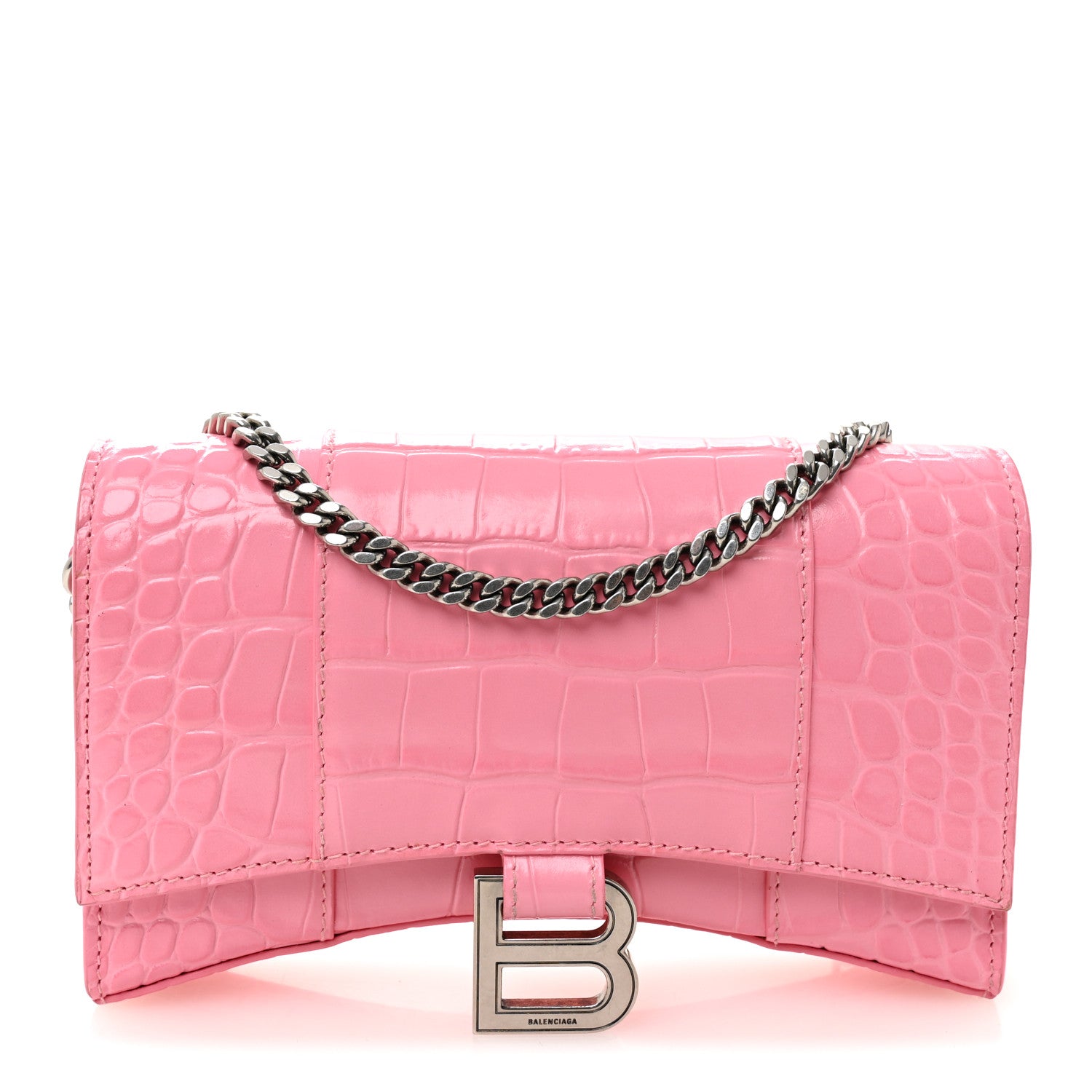 Balenciaga Shiny Calfskin Crocodile Embossed Hourglass Chain Bag Sweet Pink 1 of 9