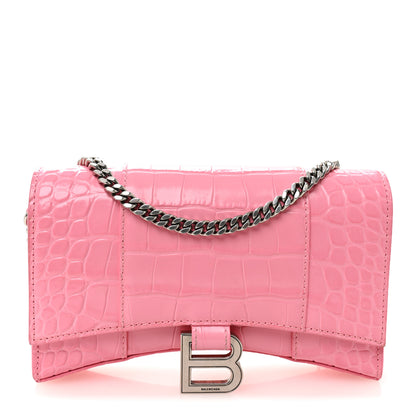 Balenciaga Shiny Calfskin Crocodile Embossed Hourglass Chain Bag Sweet Pink 1 of 9