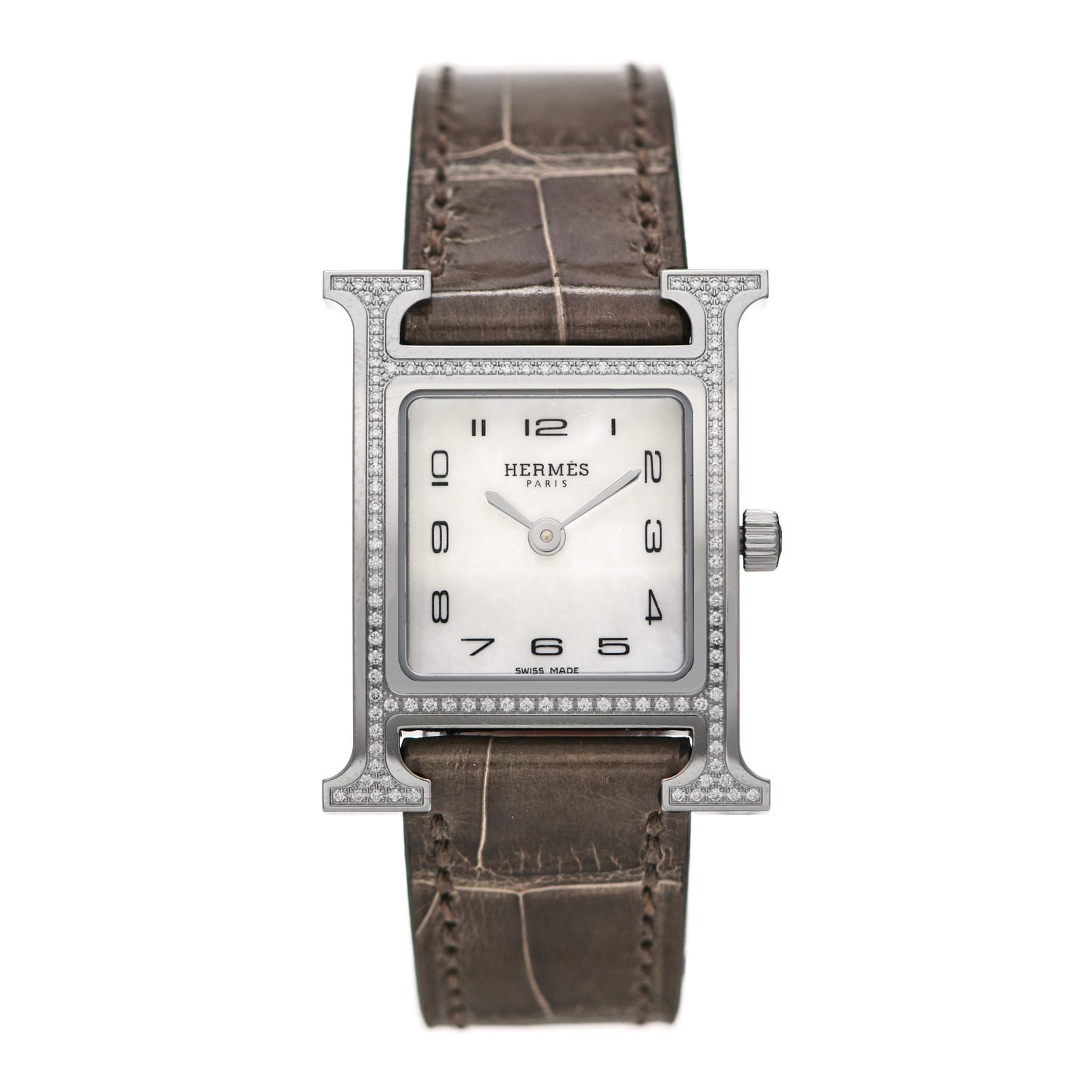 Stainless Steel Alligator Diamond Bezel Mother of Pearl 21mm Heure H Hour Quartz Watch Gris Elephant