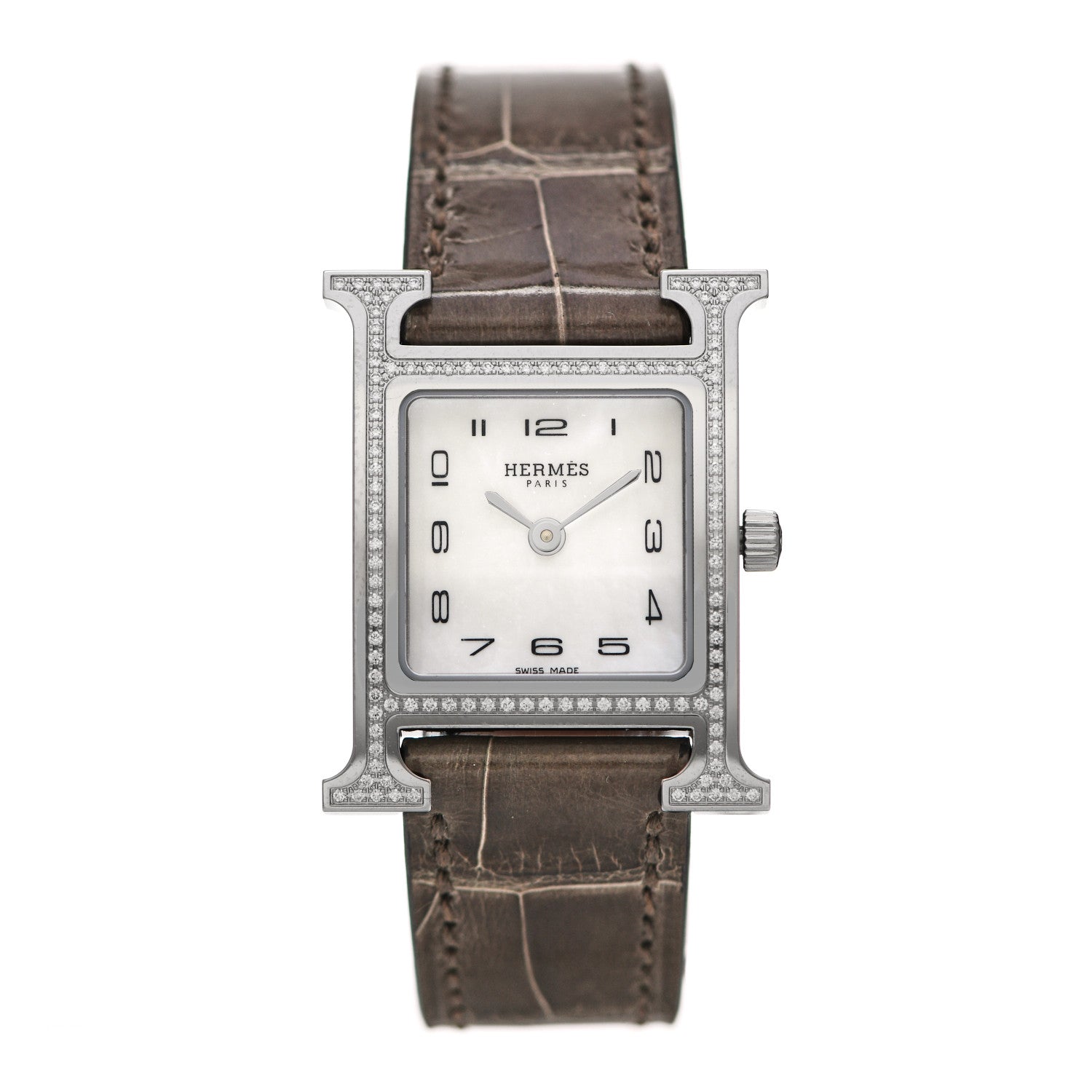 Hermes Stainless Steel Alligator Diamond Bezel Mother of Pearl 21mm Heure H Hour Quartz Watch Gris Elephant 1 of 5