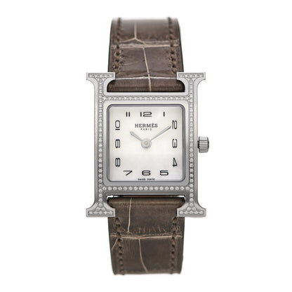 Hermes Stainless Steel Alligator Diamond Bezel Mother of Pearl 21mm Heure H Hour Quartz Watch Gris Elephant 1 of 5