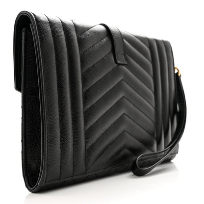 Saint Laurent Grain De Poudre Textured Mixed Matelasse Triquilt Monogram Clutch Black 3 of 8