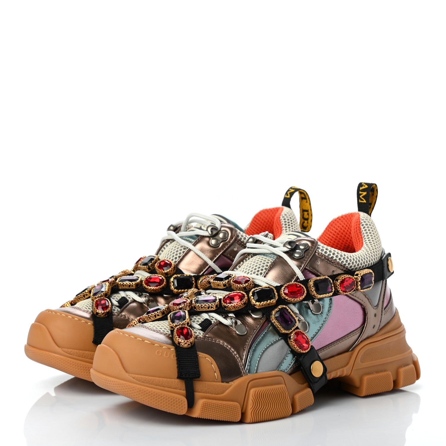 Gucci X SEGA Metallic Calfskin Mesh Removable Crystals Womens Flashtrek Sneakers 40.5 Rame Mystic White Lago 3 of 7