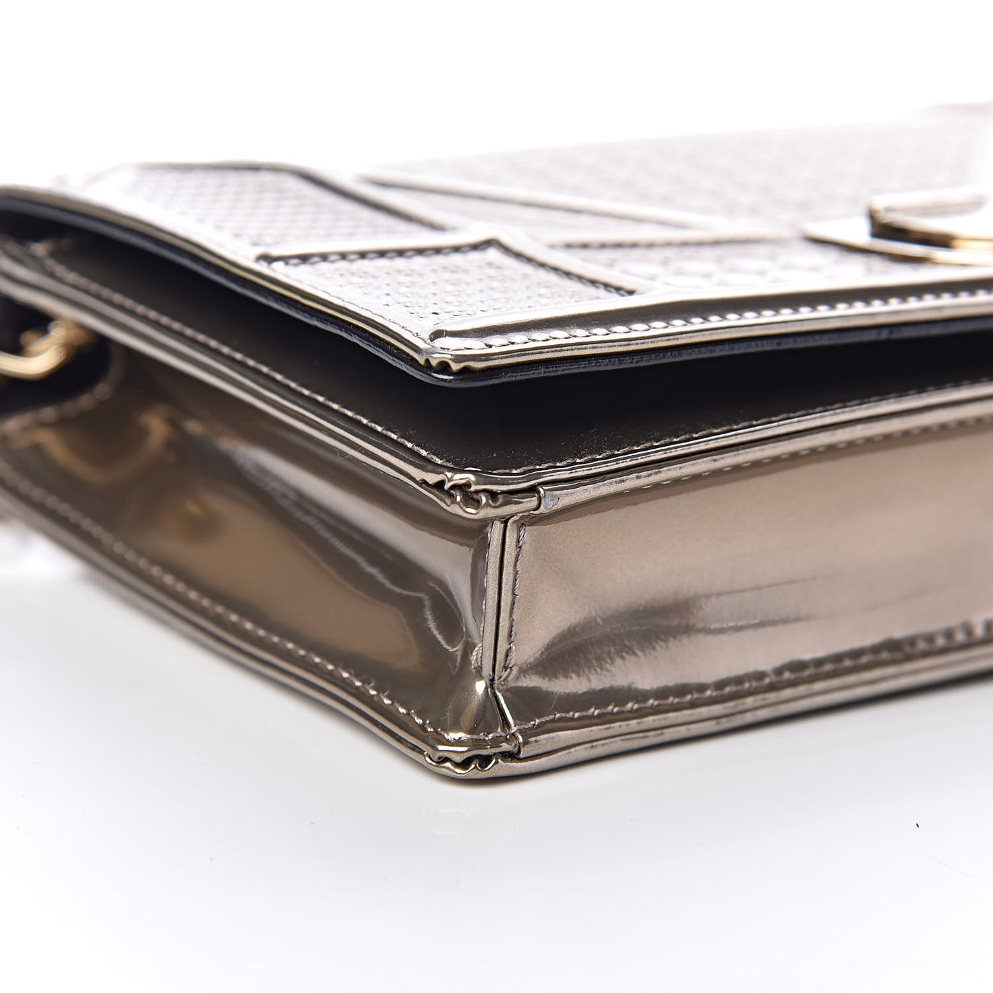 Metallic Patent Micro-Cannage Diorama Wallet on Chain Pouch Gold