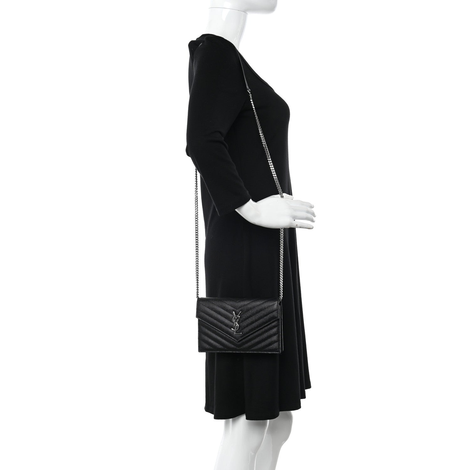 Saint Laurent Grain De Poudre Matelasse Chevron Monogram Envelope Chain Wallet Black 2 of 13