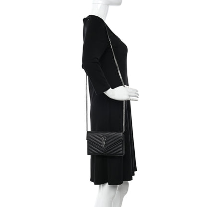 Saint Laurent Grain De Poudre Matelasse Chevron Monogram Envelope Chain Wallet Black 2 of 13