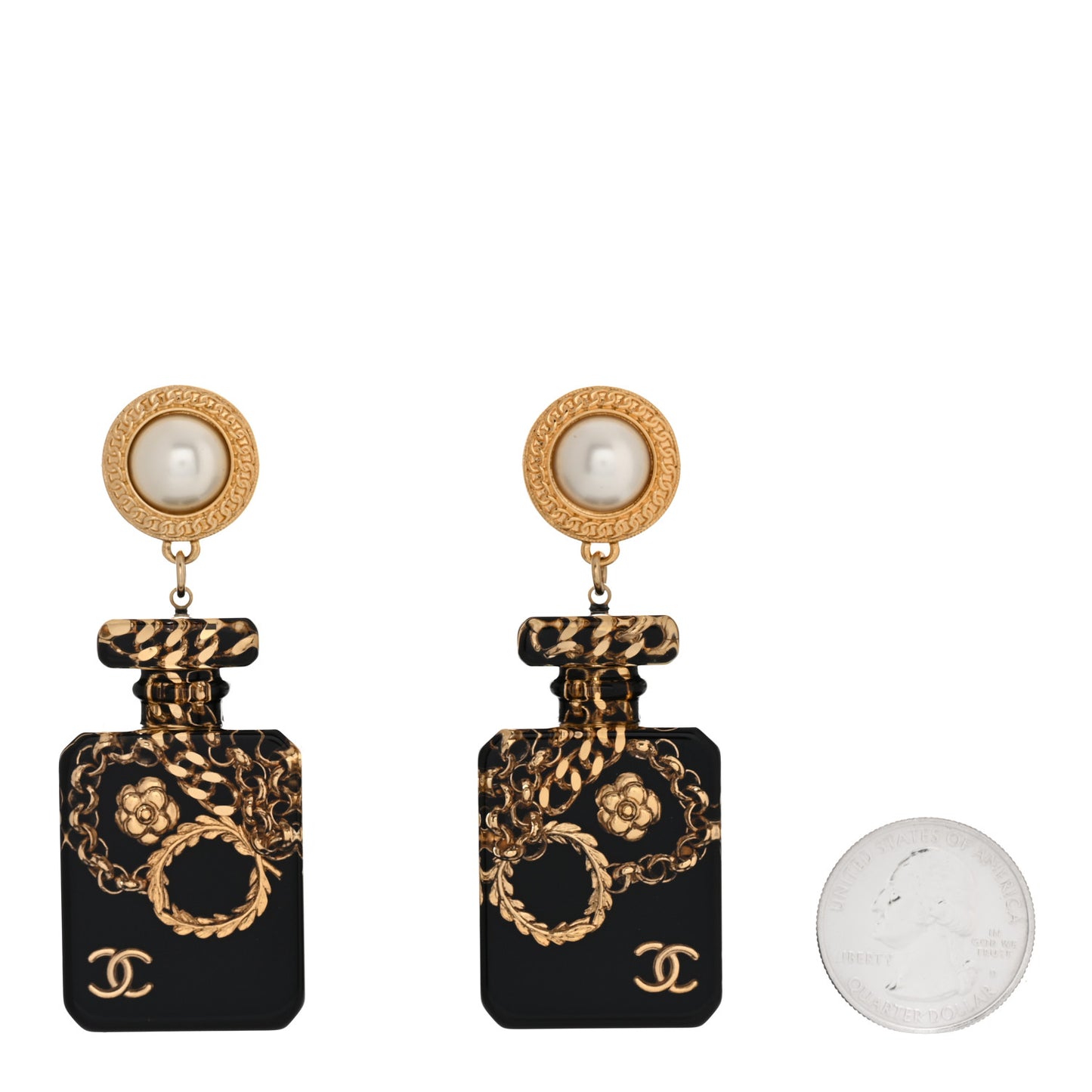 Pearl CC Perfume Bottle Drop Earrings Black Gold