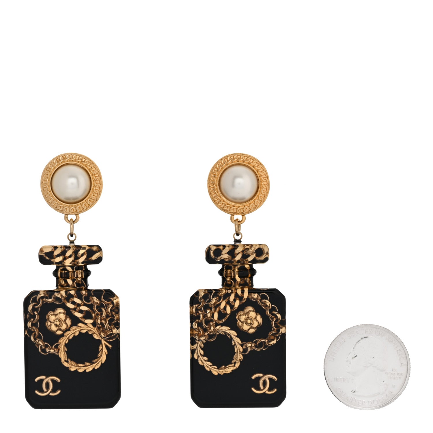 Chanel Pearl CC Perfume Bottle Drop Earrings Black Gold 2 of 5