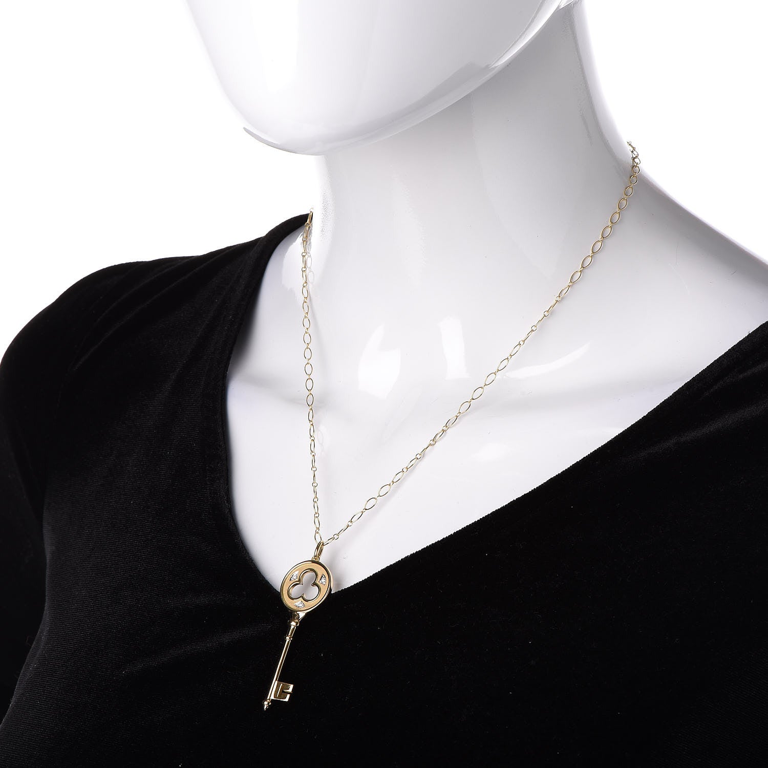 Tiffany 18K Yellow Gold Diamond Clover Key Pendant Necklace 2 of 8