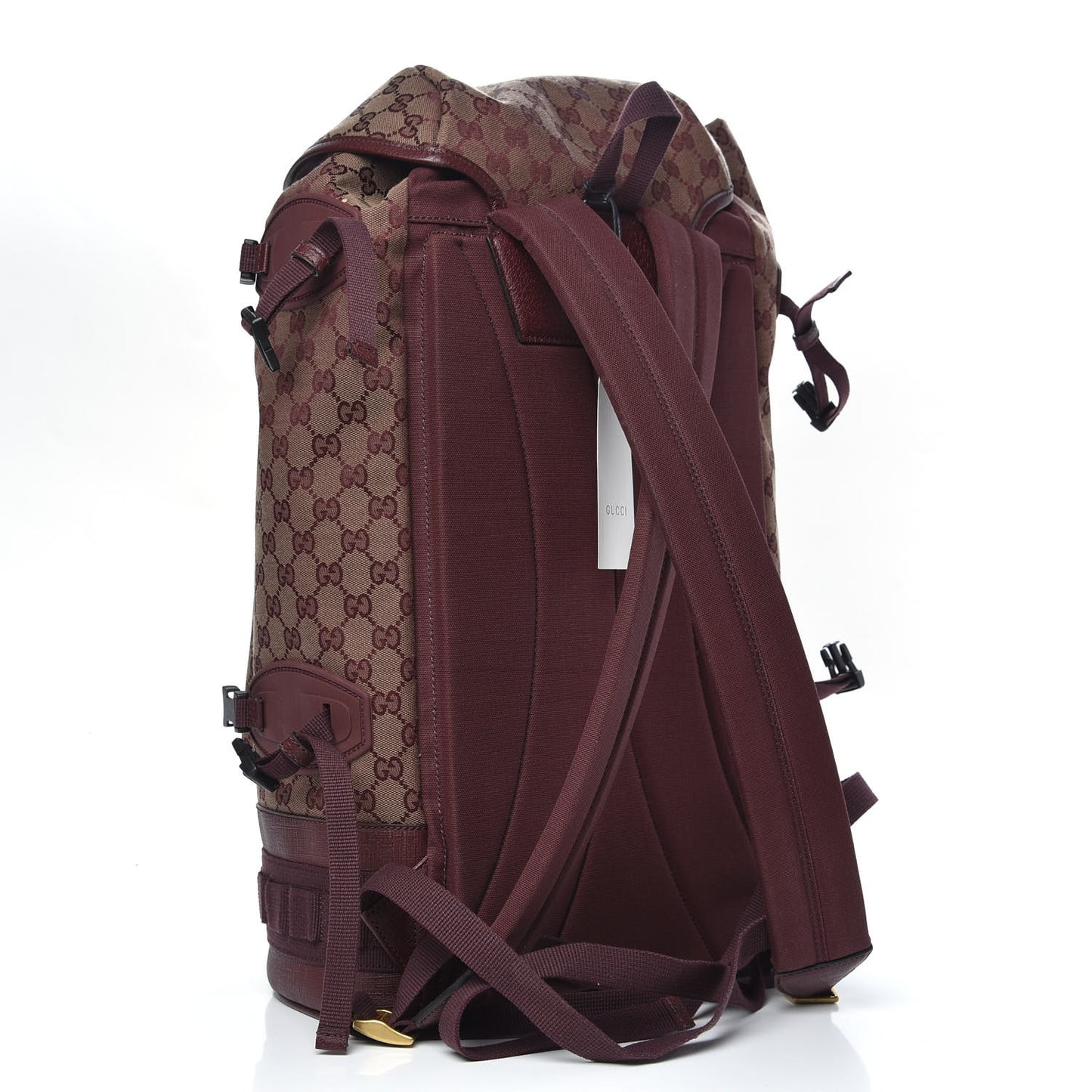 GG Monogram Script Logo Large Double Pocket Backpack Sahara Rubino Bordeaux