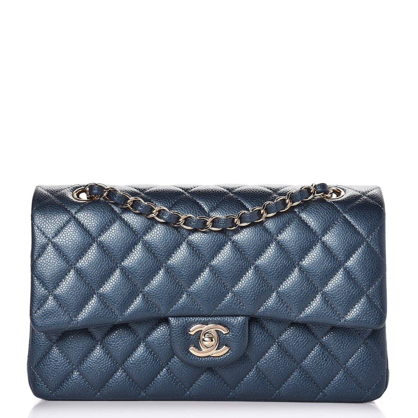 Metallic Caviar Quilted Medium Double Flap Dark Blue
