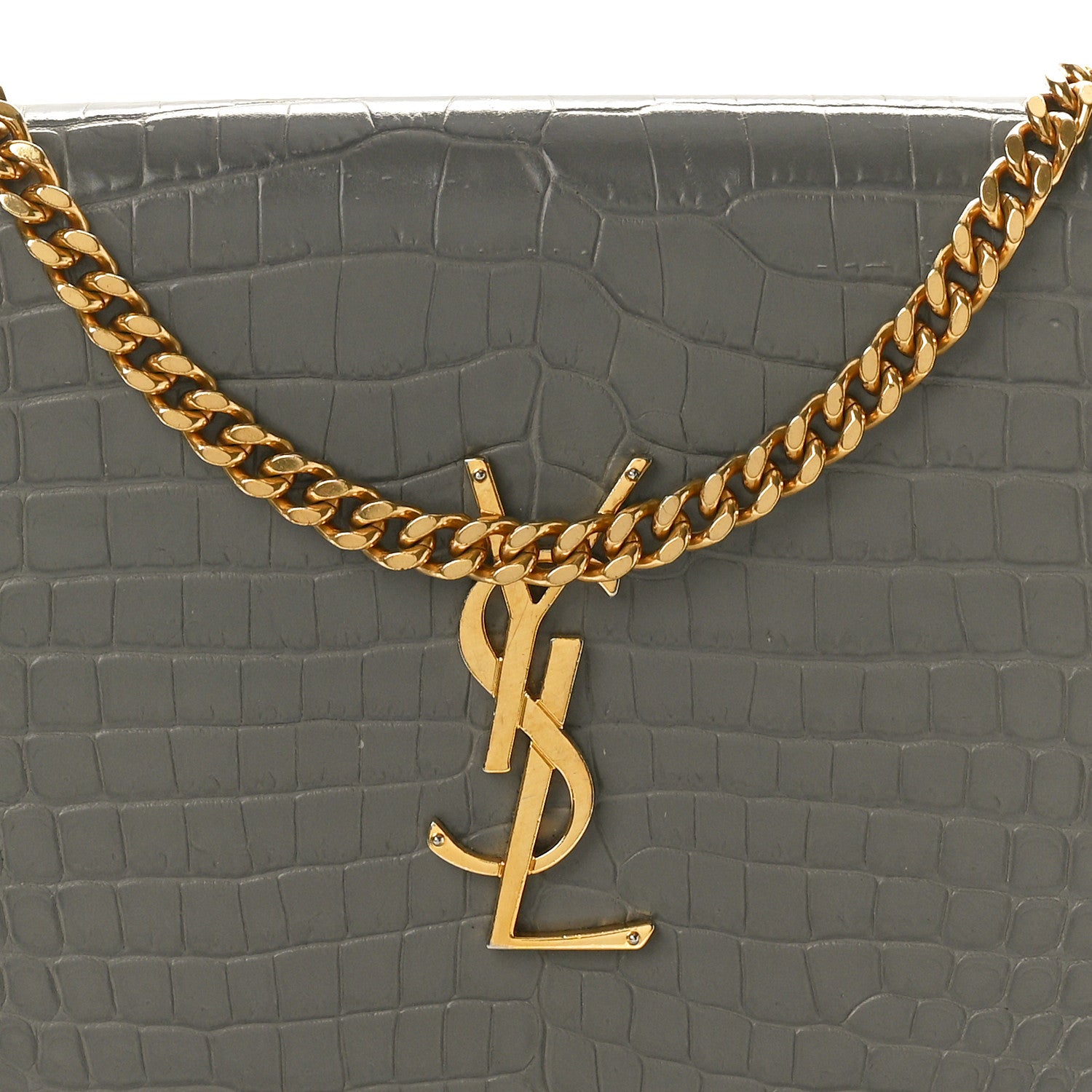 Saint Laurent Calfskin Crocodile Embossed Monogram Chain Wallet Fog 8 of 11