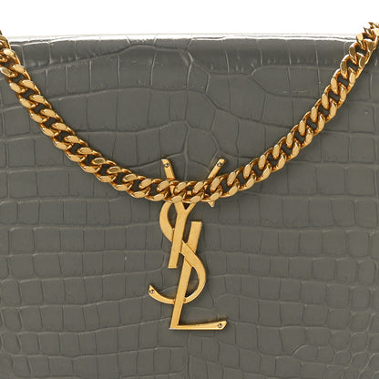 Saint Laurent Calfskin Crocodile Embossed Monogram Chain Wallet Fog 8 of 11