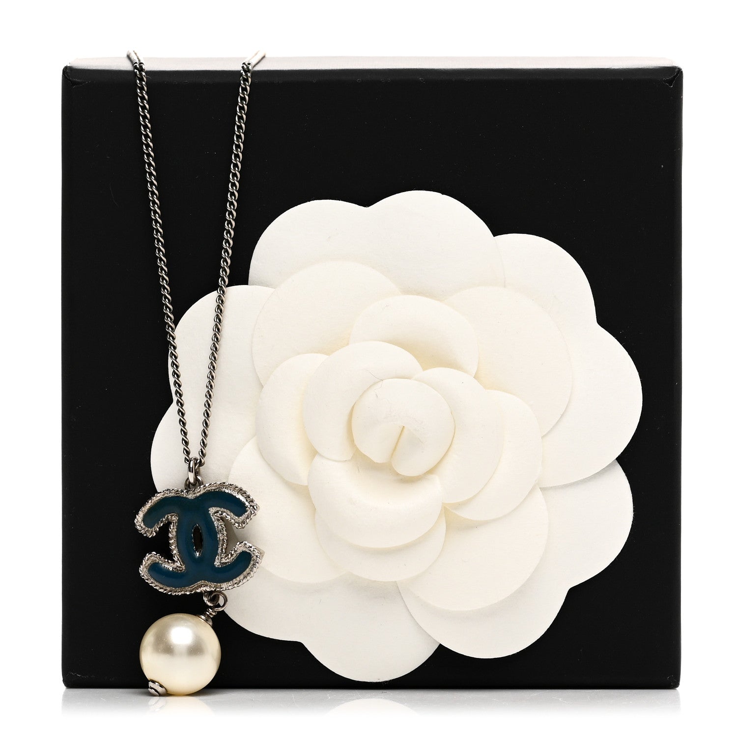 Chanel Enamel CC Pearl Drop Necklace Blue Silver 6 of 6