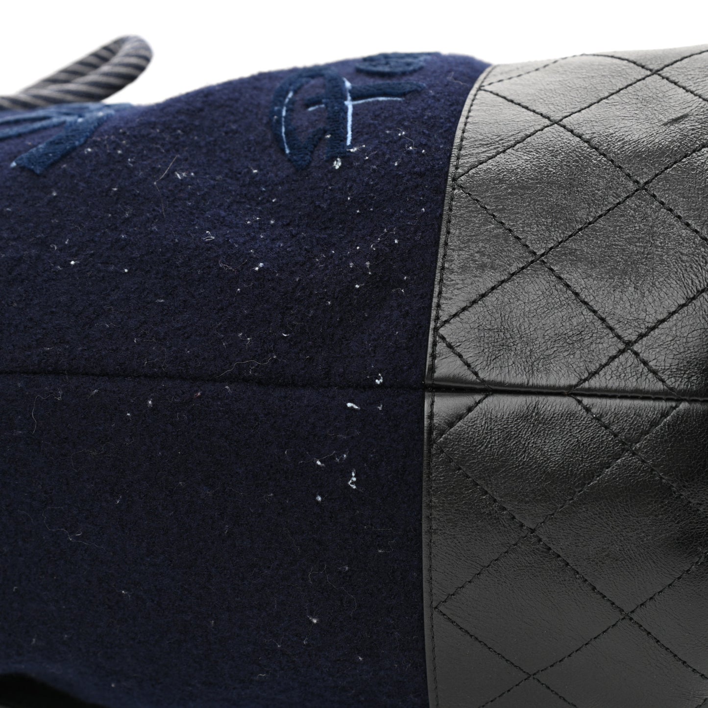 Wool Calfskin Embroidered Drawstring Backpack Navy Blue