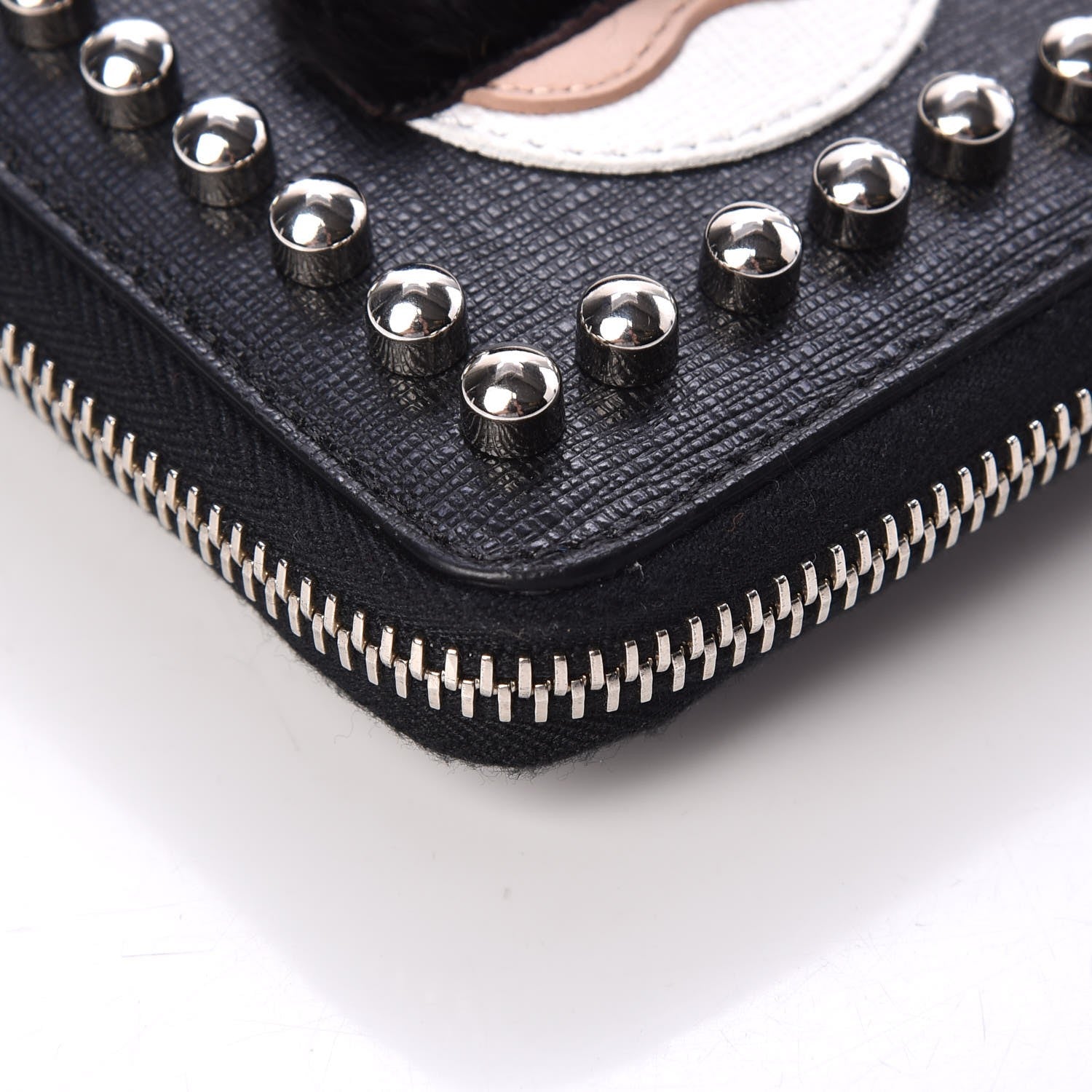 Fendi Vitello Elite Flamingo Mink Karlito Studded Zip Around Chain Wallet Black White Plaster 10 of 15