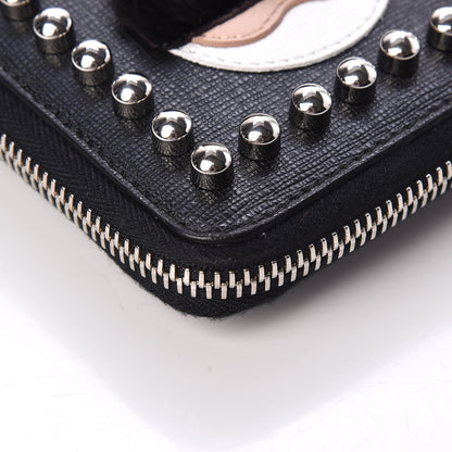 Fendi Vitello Elite Flamingo Mink Karlito Studded Zip Around Chain Wallet Black White Plaster 10 of 15
