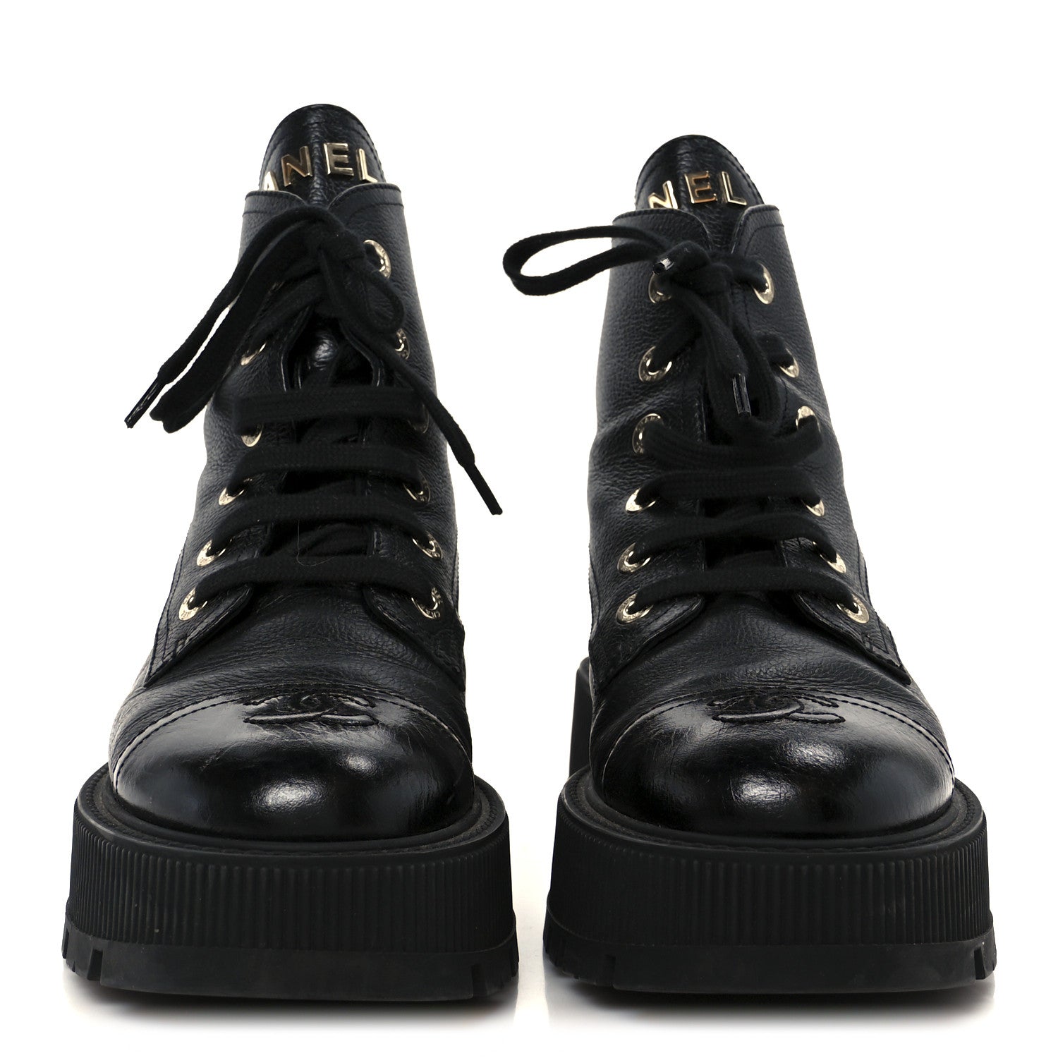Chanel Grained Calfskin Shiny Calfskin CC Lace Up Combat Boots