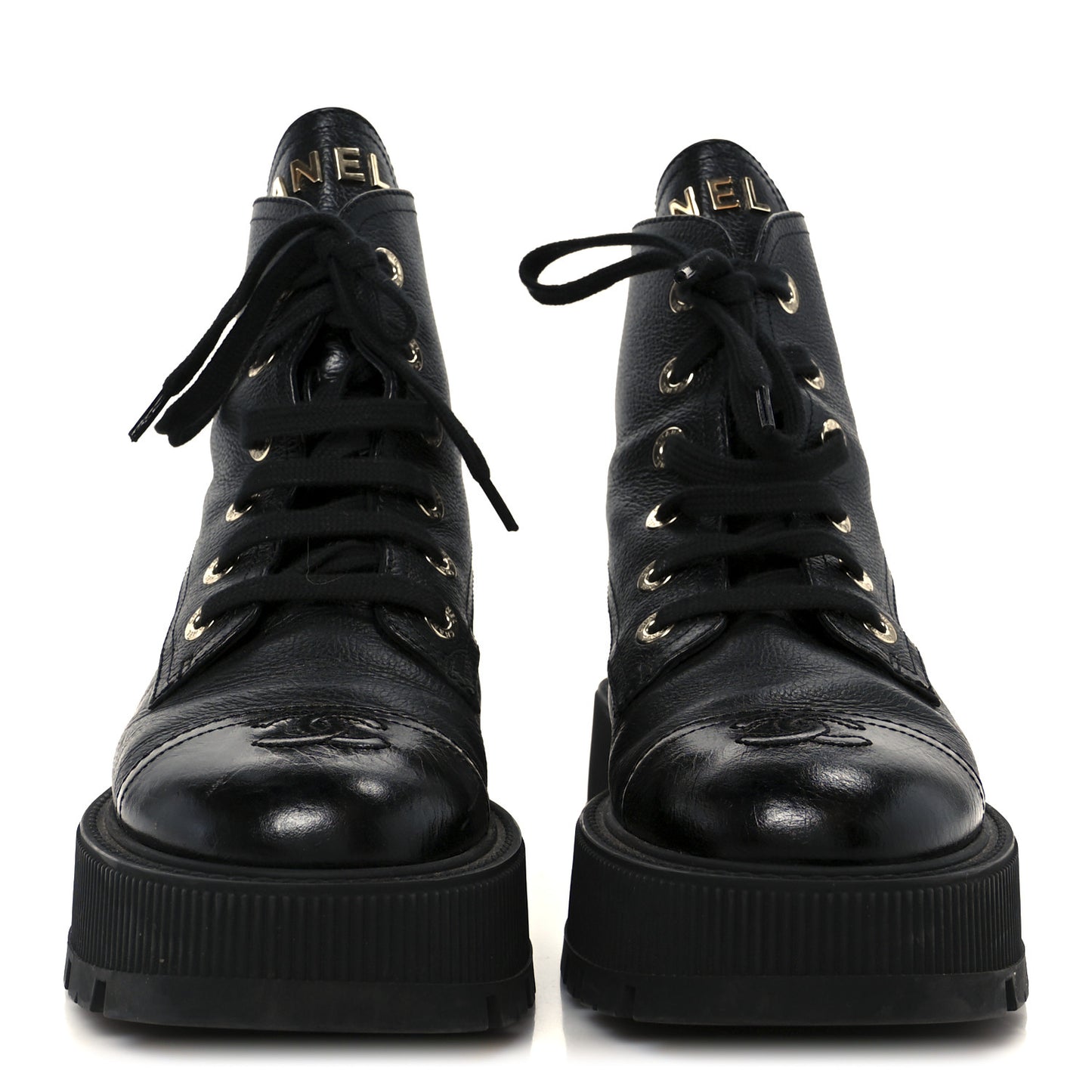 Grained Calfskin Shiny Calfskin CC Lace Up Combat Boots 37.5 Black