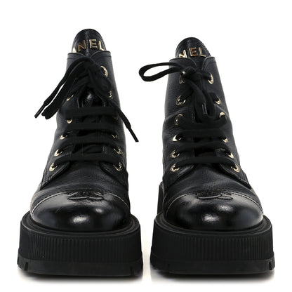 Chanel Grained Calfskin Shiny Calfskin CC Lace Up Combat Boots 37.5 Black 3 of 11