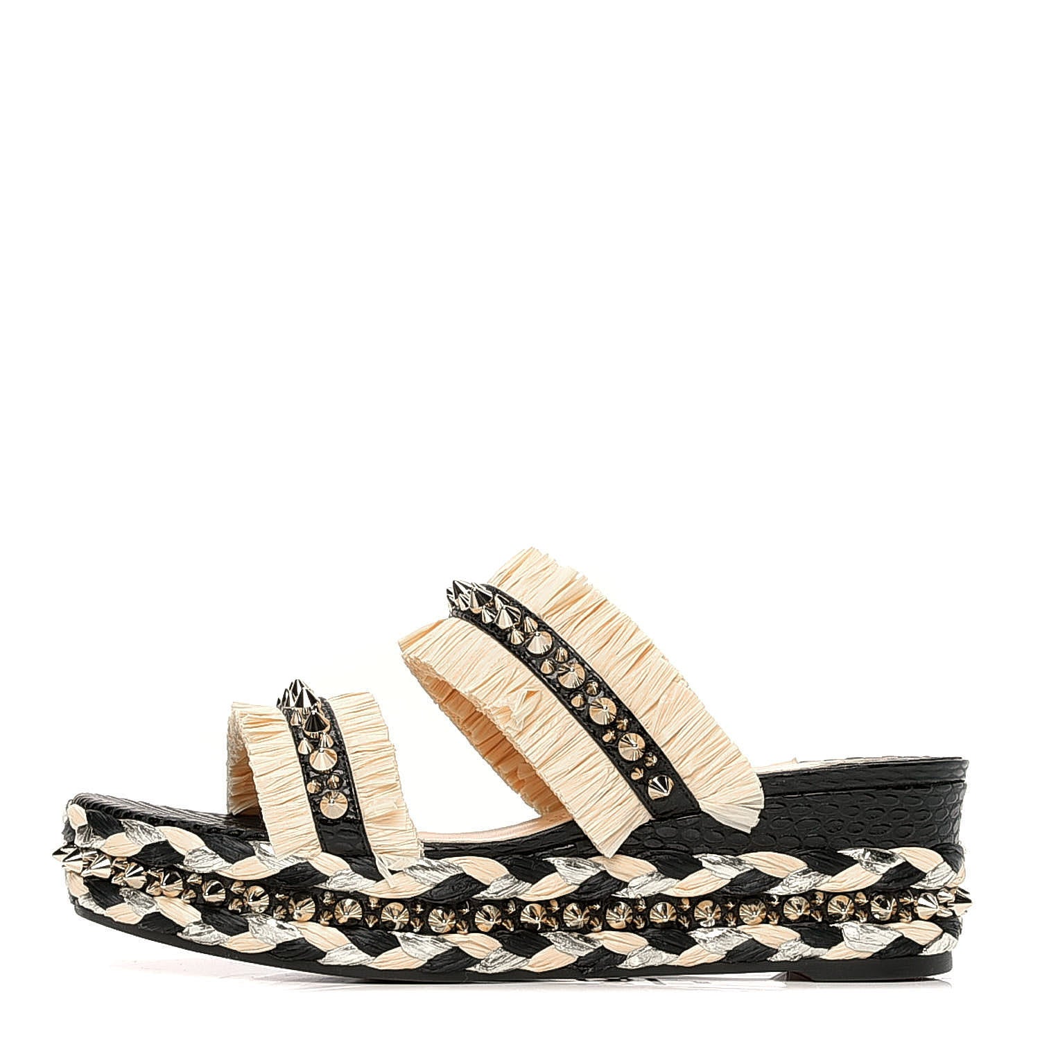 Christian Louboutin Jurassic Calfskin Rafia Voltinoudou 60 Spike Flatform Sandals 39 Black Savane 1 of 6