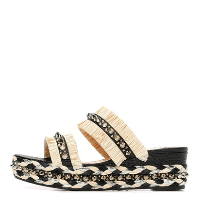 Christian Louboutin Jurassic Calfskin Rafia Voltinoudou 60 Spike Flatform Sandals 39 Black Savane 1 of 6