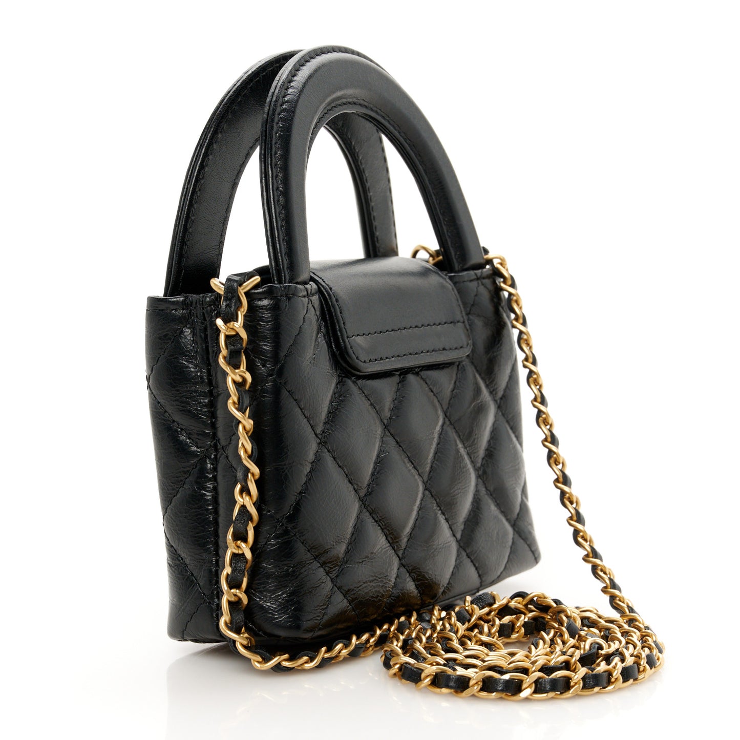 Shiny Aged Calfskin Quilted Mini Nano Kelly Shopper Black
