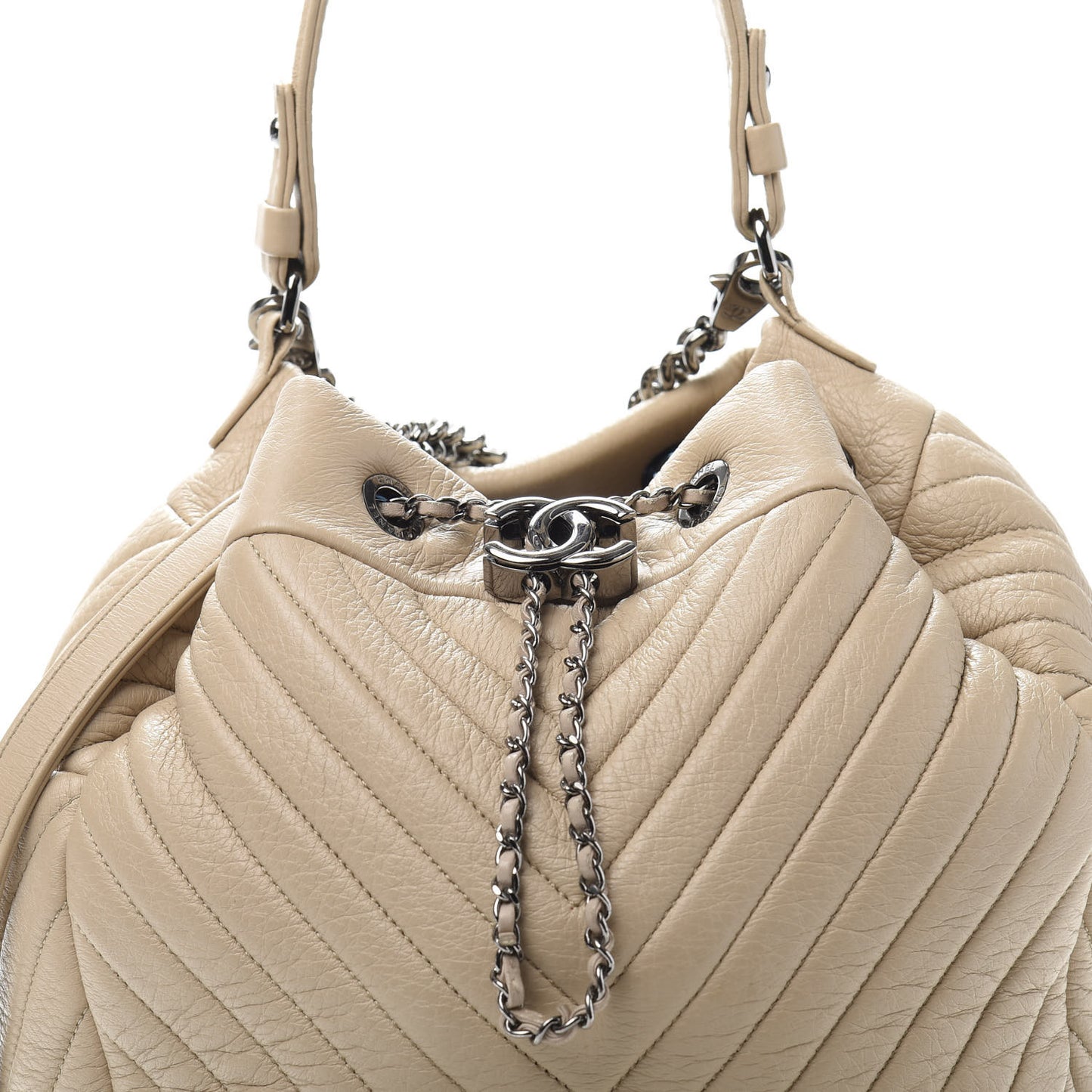 Deerskin Chevron Medium CC Chain Bucket Drawstring Bag Beige
