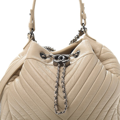 Chanel Deerskin Chevron Medium CC Chain Bucket Drawstring Bag Beige 12 of 14