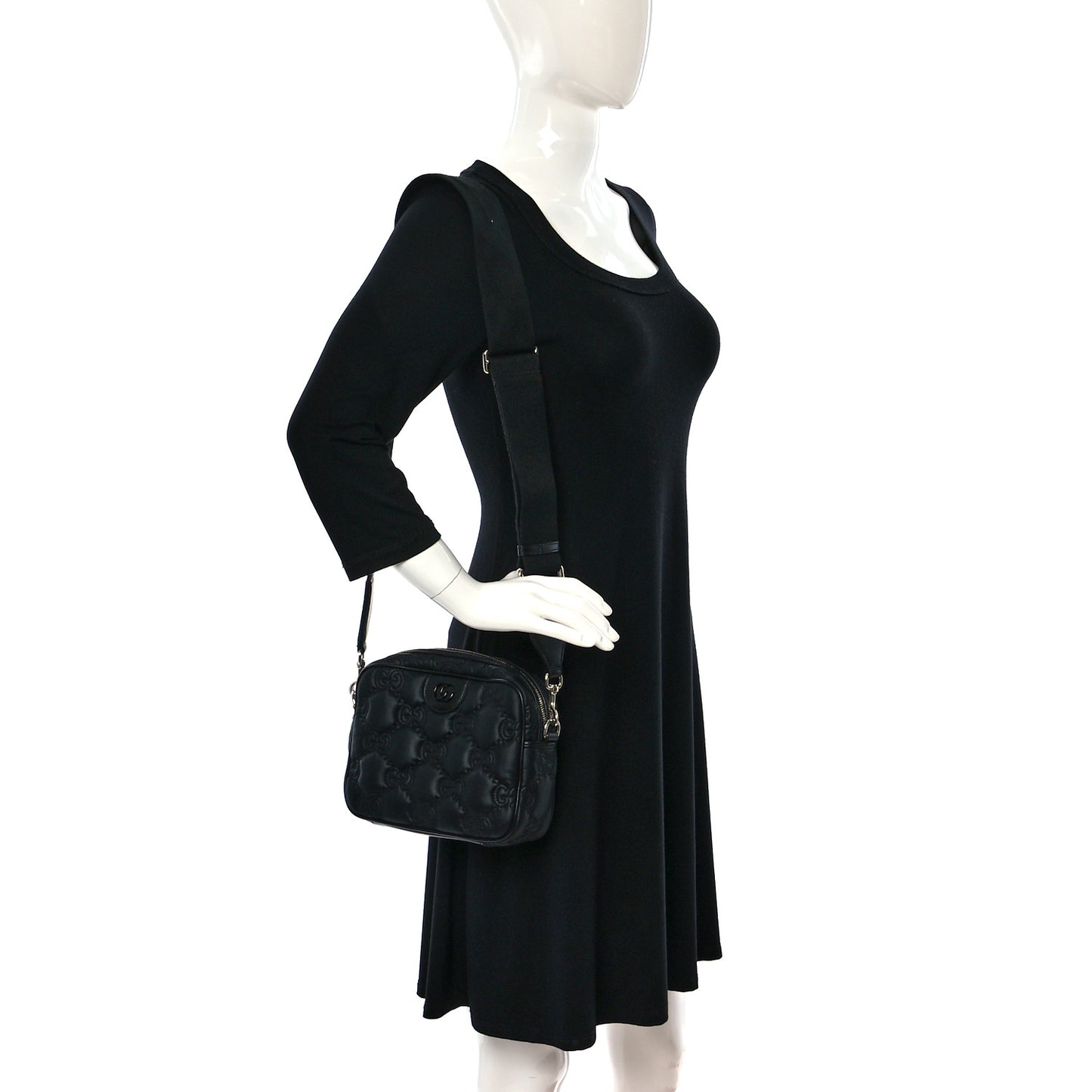 Nylon Calfskin Enamel GG Matelasse Shoulder Bag Black