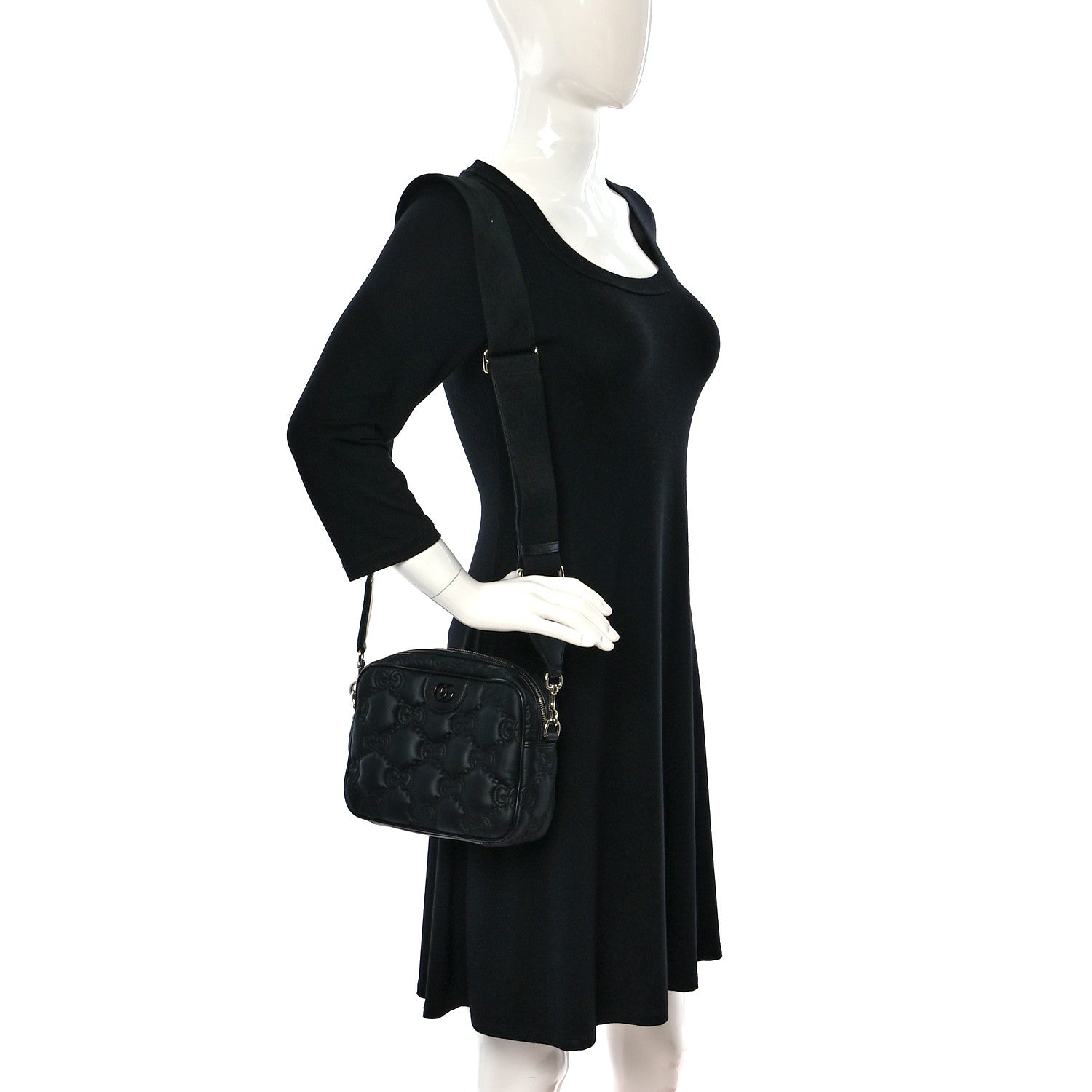 Gucci Nylon Calfskin Enamel GG Matelasse Shoulder Bag Black 2 of 9