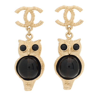 Chanel Resin Pearl CC Owl Earring Gold Black 1 of 3