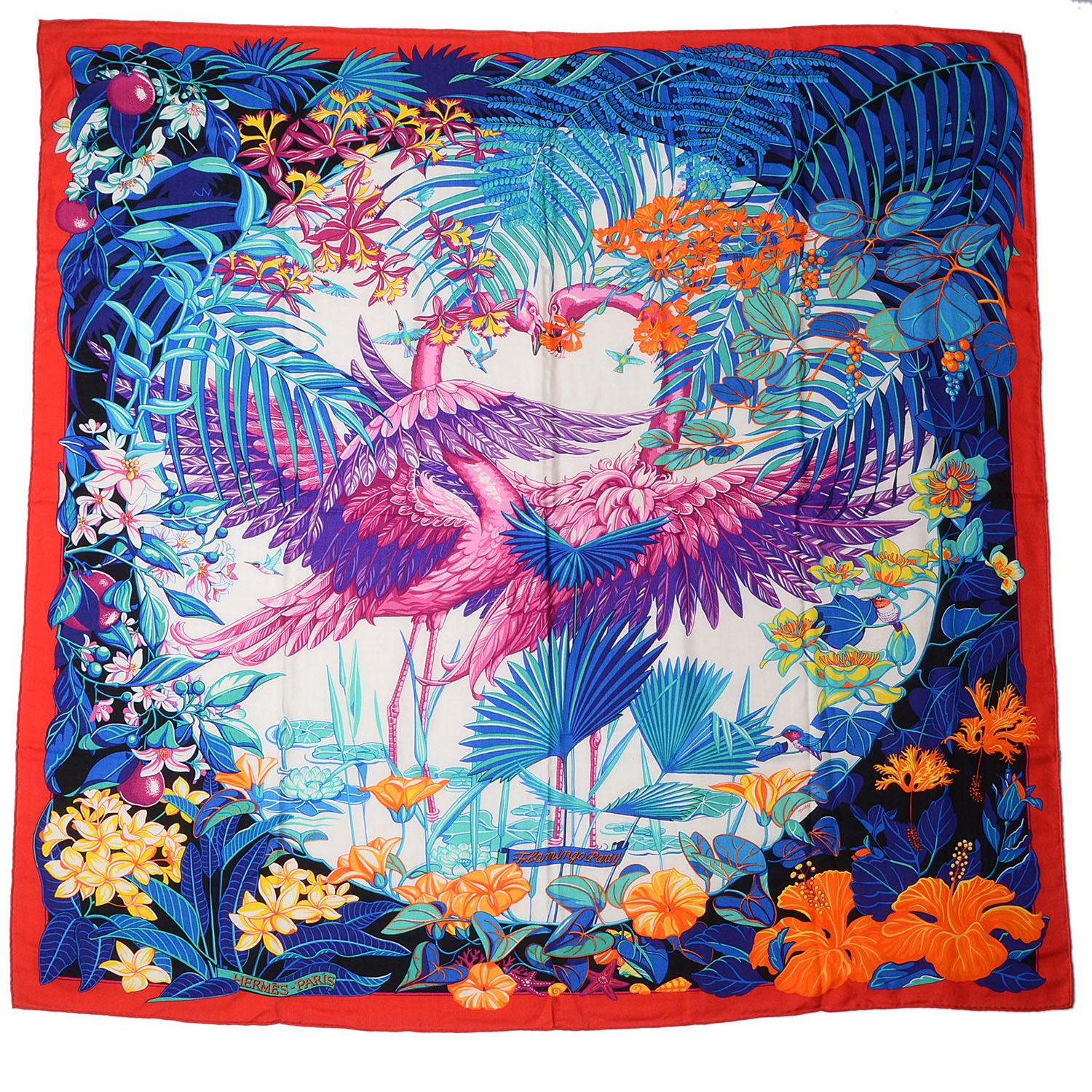 Hermes Cashmere Silk Flamingo Party Shawl 140 Rouge Vif Blanc Bleu 3 of 7