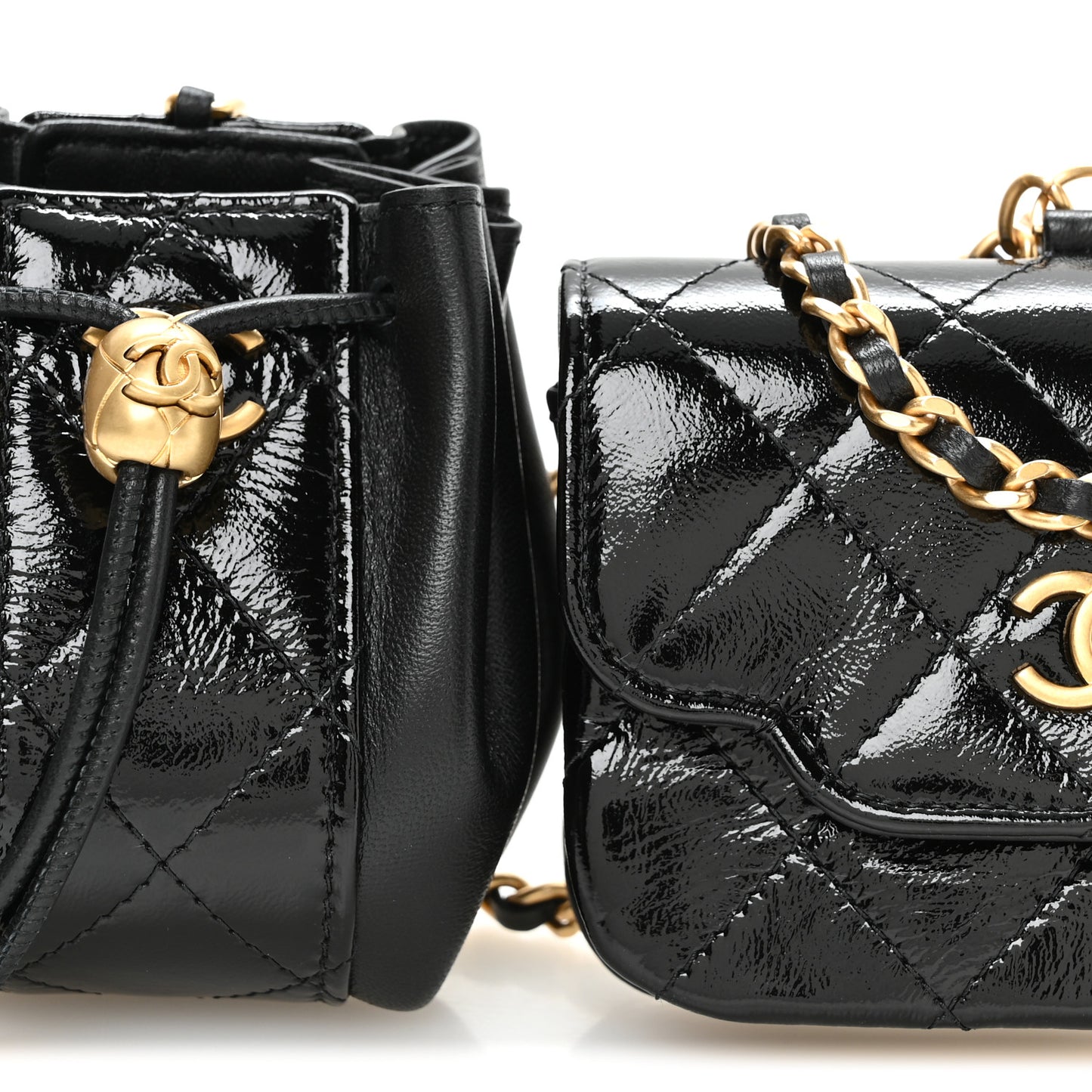 Crumpled Patent Lambskin Quilted Tassel Clutch With Chain Black