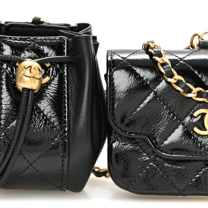 Chanel Crumpled Patent Lambskin Quilted Tassel Clutch With Chain Black 8 of 12