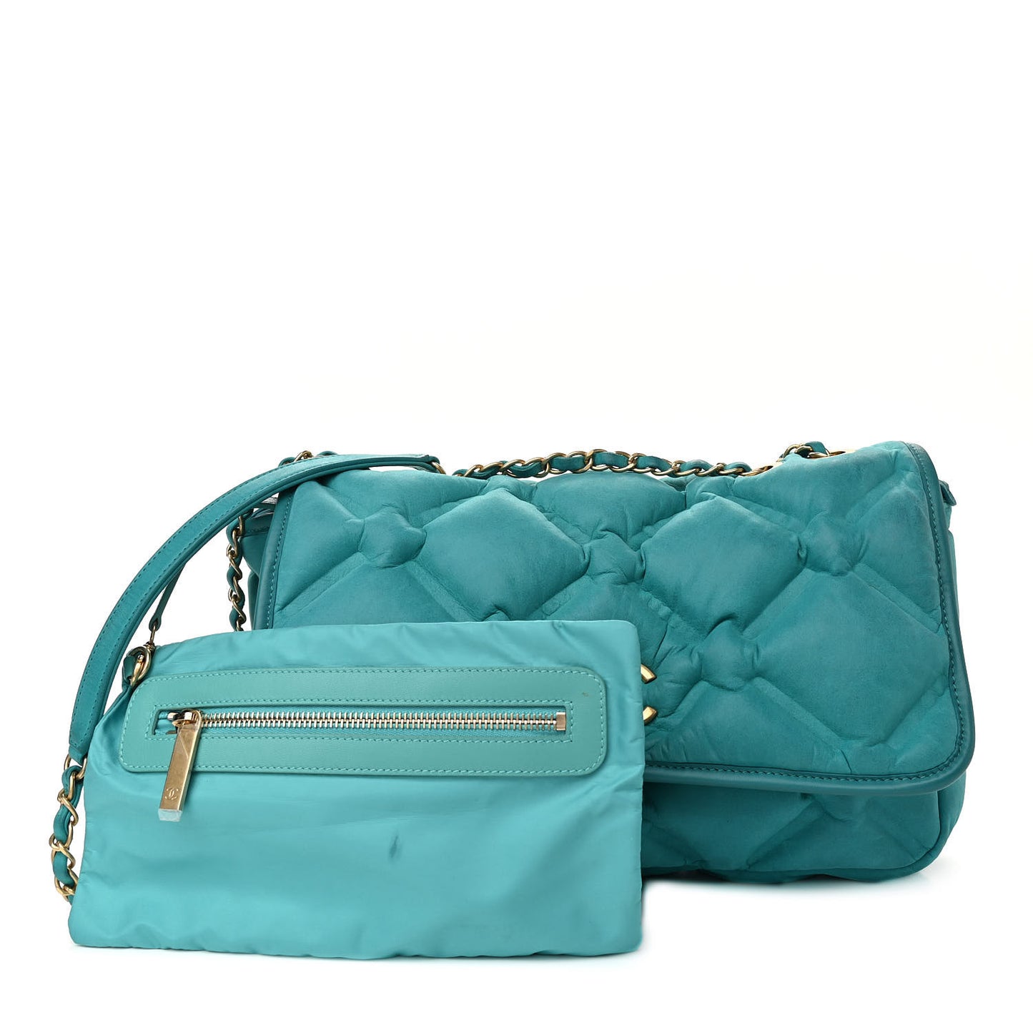 Iridescent Calfskin Quilted Small Chesterfield Flap Turquoise