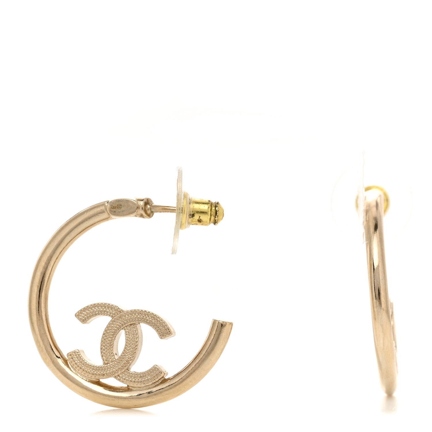 Chanel Metal Textured CC Hoop Earrings Gold 1 of 4