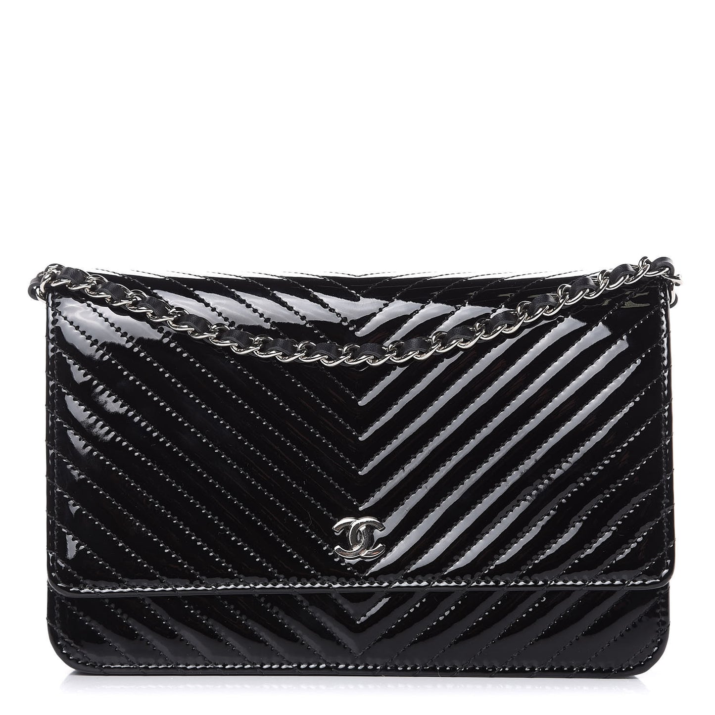 Patent Calfskin Chevron Quilted Wallet On Chain WOC Black