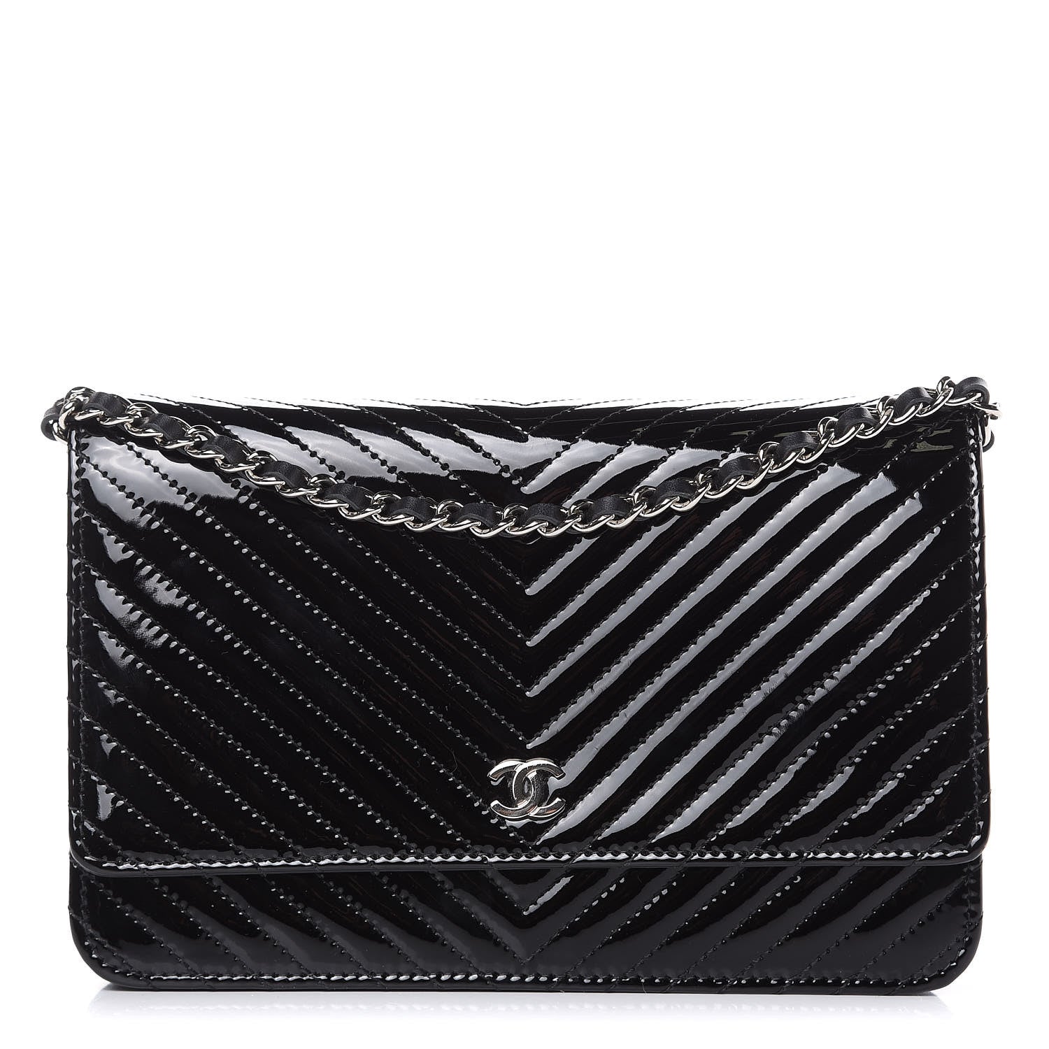 Chanel Patent Calfskin Chevron Quilted Wallet On Chain WOC Black 1 of 12