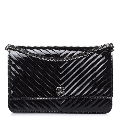 Chanel Patent Calfskin Chevron Quilted Wallet On Chain WOC Black 1 of 12