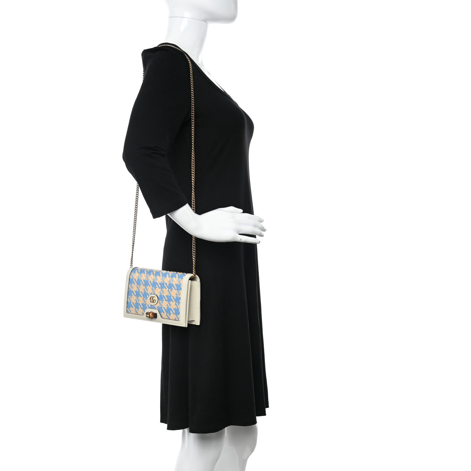 Gucci Polished Raffia Textured Dollar Calfskin Houndstooth Mini Diana Chain Bag Natural Light Blue Mystic White 2 of 11