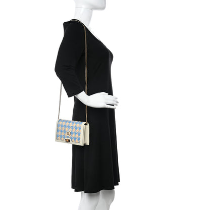 Gucci Polished Raffia Textured Dollar Calfskin Houndstooth Mini Diana Chain Bag Natural Light Blue Mystic White 2 of 11