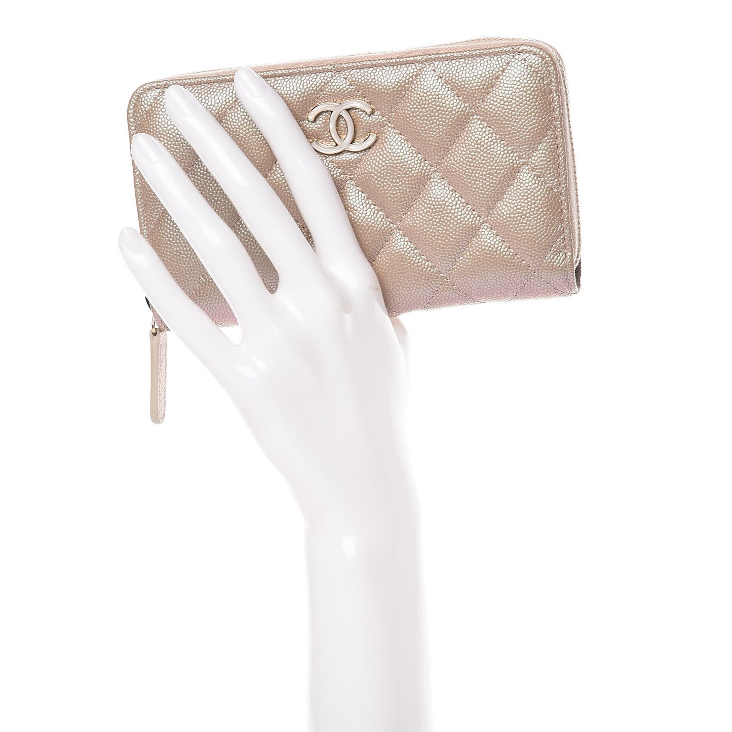 Iridescent Caviar Quilted Medium Zip Around Wallet Beige