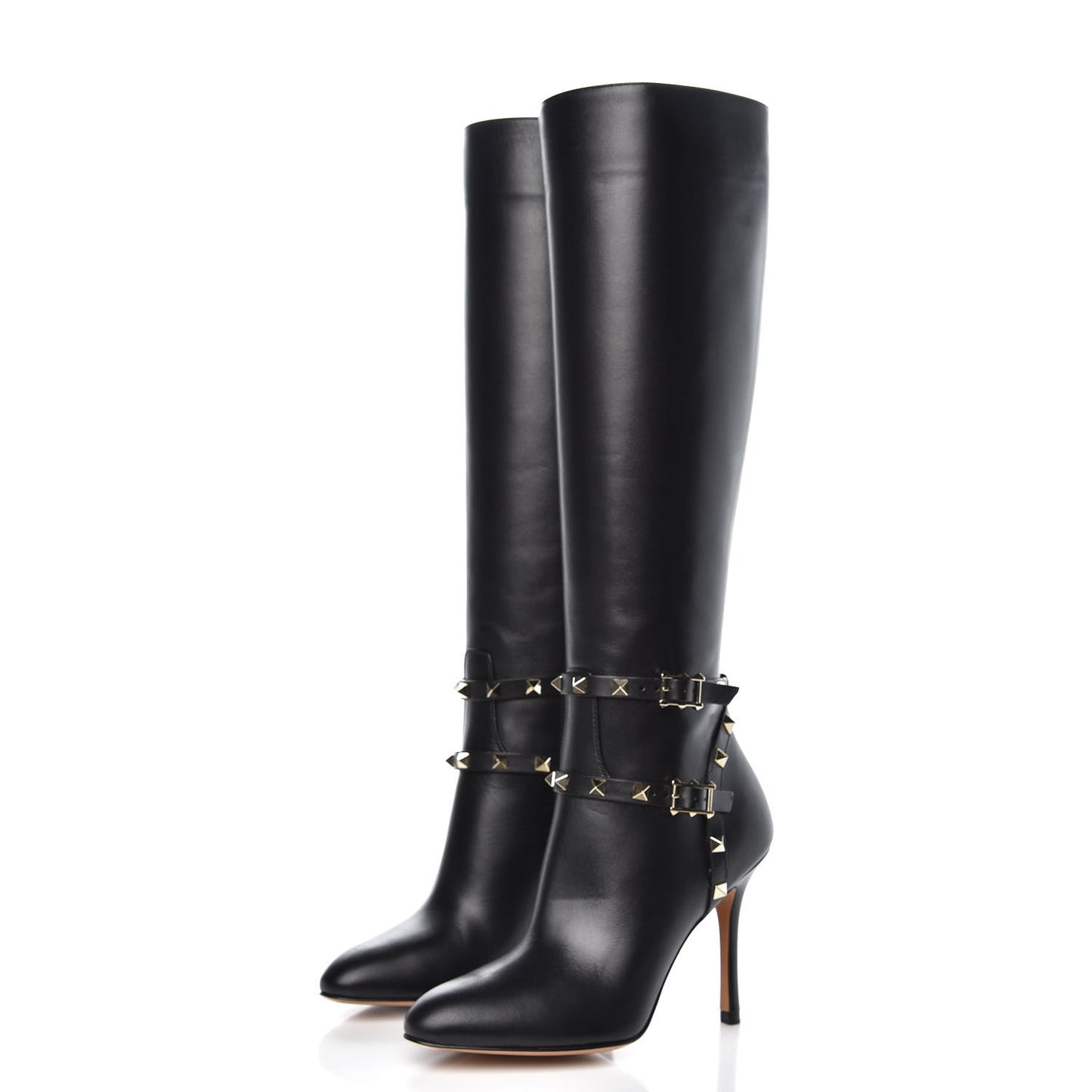Calfskin Rockstud Knee High 100mm Boots 35.5 Black