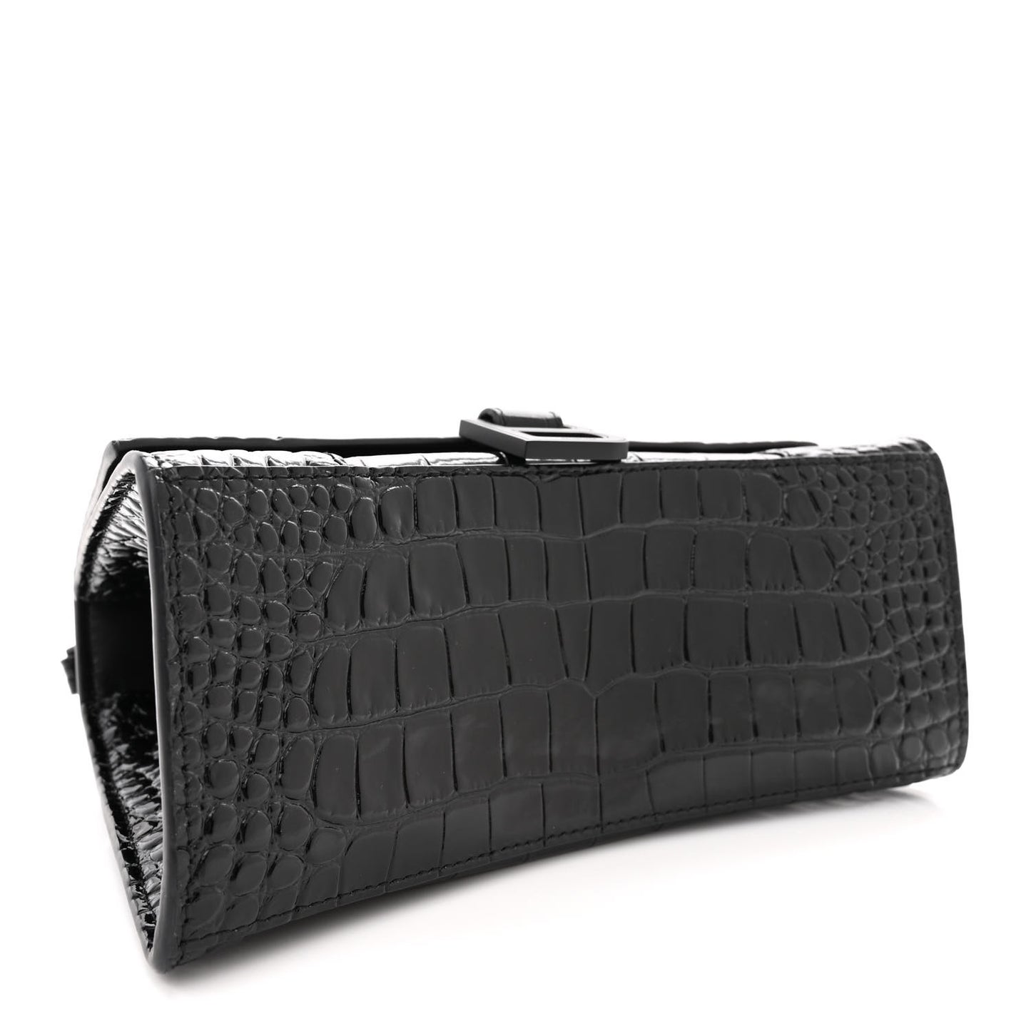 Shiny Calfskin Monochrome Crocodile Embossed Small Hourglass Top Handle Bag Black