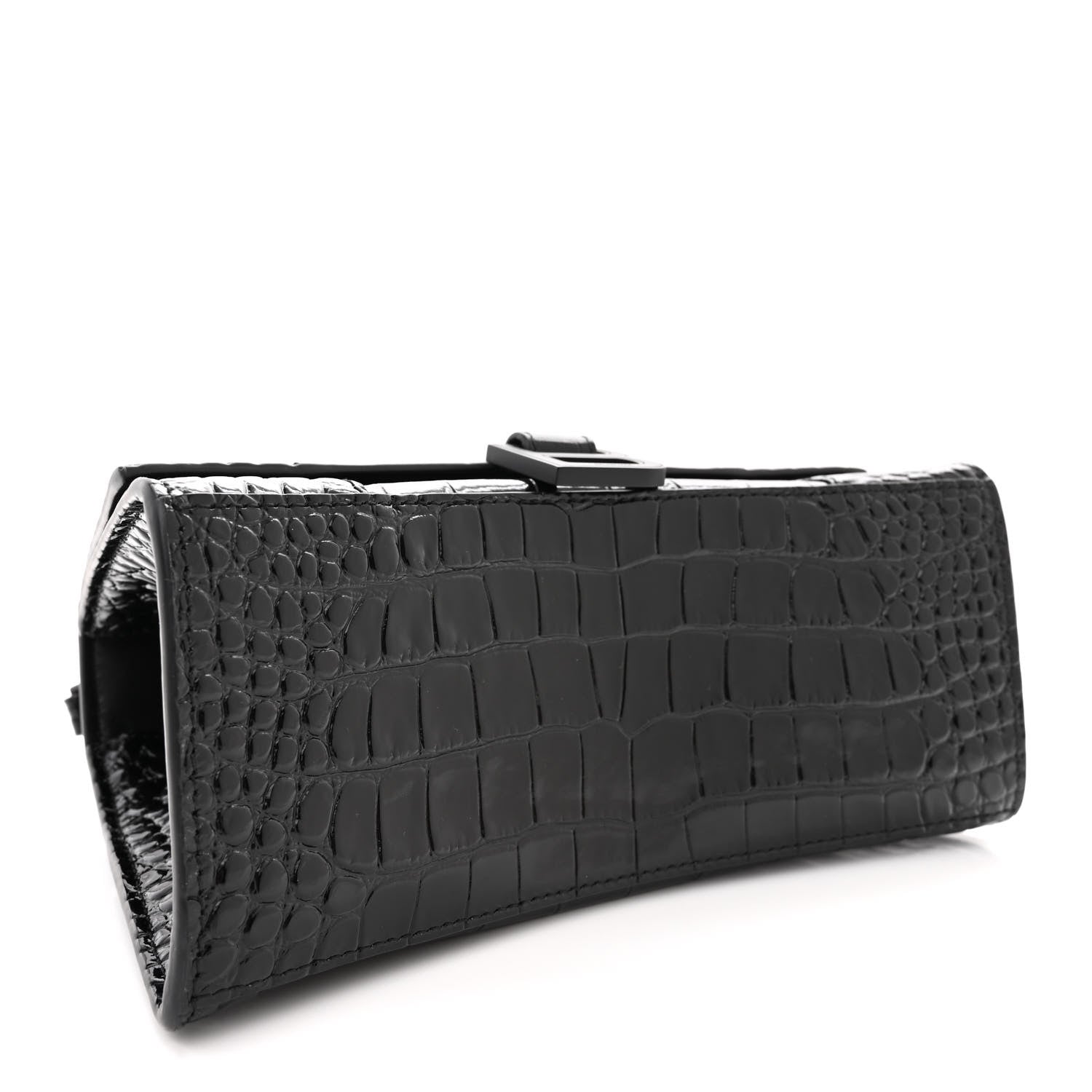 Balenciaga Shiny Calfskin Monochrome Crocodile Embossed Small Hourglass Top Handle Bag Black 4 of 10